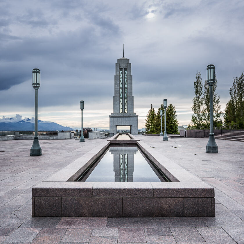 The roof of the LDS Conference Centre in Salt Lake City, showing reflecting pool and spire.