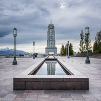 The roof of the LDS Conference Centre in Salt Lake City, showing reflecting pool and spire.